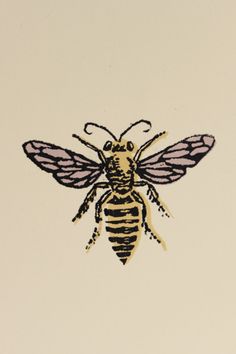 a close up of a bee on a white surface with black and yellow lines around it