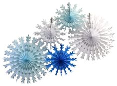 four blue and white paper flowers on a white background