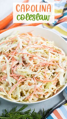 A white bowl of coleslaw by a striped napkin. Carolina Coleslaw Recipe, Sweet And Tangy Coleslaw, Carolina Coleslaw, Tangy Coleslaw, Mayonnaise Dressing, Dinner Club, Summer Dishes, Coleslaw Recipe