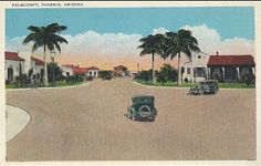 an old postcard shows cars driving down the street in front of palm trees and houses