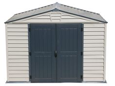 a white and blue storage shed with two doors on each side, isolated against a white background