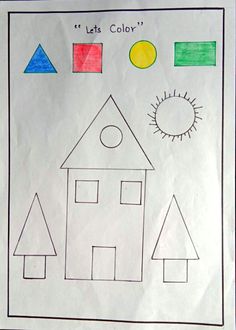 a drawing of a house and trees with the words lets color written in front of it