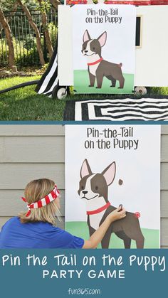 a woman is painting a sign with a dog on it and the words pin the tail on the puppy party game