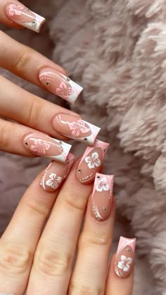 Hibiscus Flower Nails Coffin, White Nails With Hibiscus Flowers, Hibiscus Flower Nails, Pink Hibiscus Flower, Small Nails, Airbrush Nails, Pink Hibiscus, Simple Gel Nails