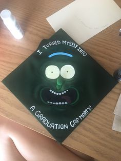 a card that says i turned myseld into a graduation cap party with an image of a cartoon character on it