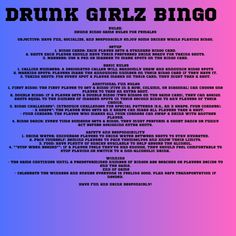 a poster with the words drunk girlz bingo written in black and pink on it