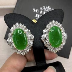 "ENJOY OUR WORRY-FREE SERVICE AND THE DAZZLING, GENUINE JEWELRY WE DESIGN AND HANDCRAFT WITH LOVE❤️ ABOUT THE ITEM: One-of-a-kind, handcrafted 15.29TCW, Burmese jadeite surrounded by white, colorless F/VS, natural, sparkling diamonds. Set in handmade, specially designed 18K solid white gold earrings. These earrings have been customary designed by our own designer, and were meticulously handcrafted and hand-set with LARGE diamonds.. DAZZLING TYPE A BURMESE JADES & E/VS DIAMONDS IN 18K SOLID W Burmese Jade, White Gold Earrings Studs, Vs Diamond, White Gold Earrings, Burmese, Natural Emerald, Screw Back Earrings, Quality Diamonds, Emerald Ring