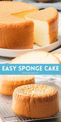 an easy sponge cake on a cooling rack with the rest of the cake in the background