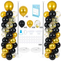 black, gold and white balloons are arranged in the shape of an arch for a party