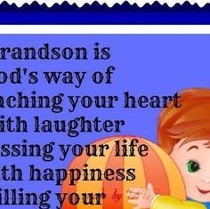 a little boy holding a balloon with the words grandson is god's way of reaching your heart with laughter passing your life with happiness