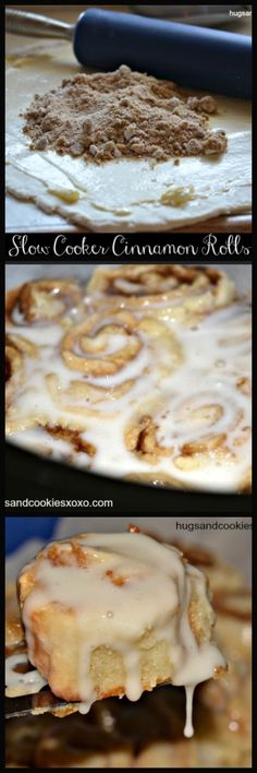 cinnamon rolls with icing on them are ready to be baked in the oven and eaten