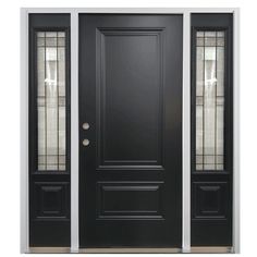 a black front door with two sidelights