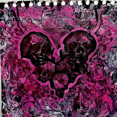 a pink and black painting with two hearts on it's side, surrounded by flowers