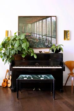 a black piano sitting in front of a window next to a potted plant on top of a wooden table