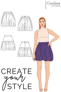 Make a statement with the beautiful Gertie - a balloon skirt. This dramatic effect is very easy to make and comes in two versions. The entire skirt as a balloon skirt or the skirt with yoke, for a more fitted look. This high-waisted skirt can be made today! #sewing #skirtpattern #capsulewardrobe Skirt With Yoke, Winter Capsule Wardrobe Travel, Balloon Skirt, Winter Capsule