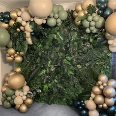 an arrangement of balloons and greenery is displayed on the wall