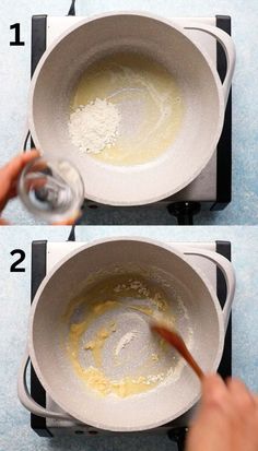 two pictures showing how to make an omelet in a saucepan on the stove