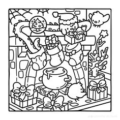 a black and white coloring page with an image of children playing in the room,