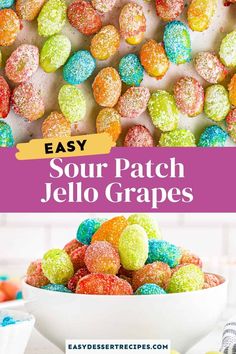 a bowl filled with colorful jello covered in sprinkles and the words easy sour