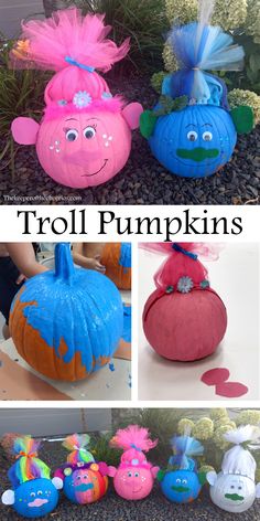 there are several pumpkins that have been painted to look like troll's faces