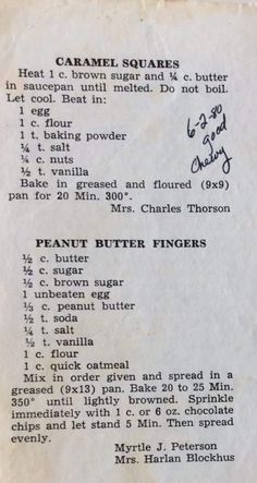 the recipe for caramel squares is shown in black ink on white paper with blue writing