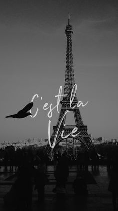 the eiffel tower in black and white is lit up with neon letters that read, est elo vie