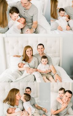 a family is laying on the bed with their baby and smiling at each other's eyes