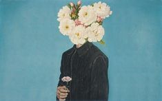 a painting of a man with flowers on his head holding a flower in one hand