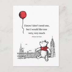 a winnie the pooh quote with a red balloon flying above it and an image of a