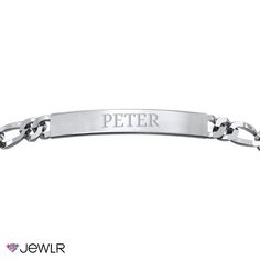 This classic engravable ID bracelet is the perfect way to identify yourself, display a special date, or remember a loved one. Handcrafted in stainless steel, this 8.25" men's bracelet features a figaro-link chain secured with a lobster clasp for just the right fit. Classic Engraved Stainless Steel Bracelet, Classic Personalized Rectangular Bracelets, Stainless Steel Nameplate Bracelet, Classic Personalized Rectangular Bracelet, Classic Stainless Steel Engraved Bracelet, Classic Stainless Steel Name Bracelet Gift, Classic Personalized Rectangular Name Bracelet, Stainless Steel Nameplate Bracelet For Anniversary, Adjustable Stainless Steel Classic Name Bracelet