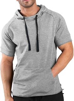 This men's athletic drawstring short sleeve hoodie is perfect for fitness and outdoor activities. Made with an ultra-lightweight breathable cotton blend fabric, this hoodie provides superior comfort and quick-drying performance to keep you dry and cool. The adjustable drawstring waist lets you customize your fit and coverage. Cotton Blend Imported Lace Up closure Machine Wash Material: This short sleeve hoodie is made of soft, breathable and lightweight sweat-absorbent cotton blend fabric. Absor Casual Sports Hoodie Top, Hoodie With Kangaroo Pocket, Cotton Sports Top With Hood, Casual Sports Top With Drawstring Hood, Cotton Sports Top With Drawstring Hood, Casual Workout Tops With Drawstring Hood, Cotton Drawstring Hooded Top For Sports, Functional Gym Activewear With Drawstring, Functional Short Sleeve Activewear In Athletic Heather