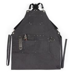 a black apron with two straps on the front and one has an adjustable pocket for pockets