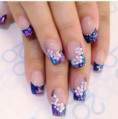 Spring Flower Nail Art Designs, Purple Nails Flowers, Mexico Inspired Nails, Early Summer Nails, Nails With Flowers, Purple Nail Art, Finger Nail Art, Fall Nail Art Designs, Fancy Nails Designs