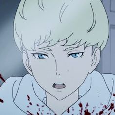 an anime character with blue eyes and blood on his face is staring at the camera