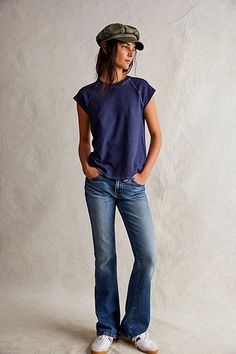 Found: *the* perfect tee from our We The Free collection. **Fit:** Slim, baby fit **Features:** Crew neckline, raglan sleeves, raw-edge trimming throughout, ultra soft 100% cotton **Why We ❤ It:** Timeless with your favorite jeans or cozied up with loungewear, you’ll be reaching for this again and again. | We The Free Riley Tee at Free People in Blue, Size: S Free People Arden Tee Outfit, Trendy Tee Free People, Free People Rugby Shirt, Free People Queen Tee, Free People T-shirts & Tank Tops, Baby Fits, Tee Shop, Favorite Jeans, Raglan Sleeve