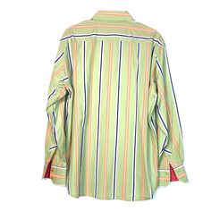 Unleash your unique style with this classic yet bold Robert Graham men’s shirt. Featuring vibrant green, orange, and navy stripes, this long-sleeve button-up is crafted from 100% cotton for ultimate comfort and breathability. The embroidered cuffs and signature contrasting paisley inner trim add a distinct touch of sophistication, making it perfect for both casual and dressier occasions. • Size: Men’s L (Fits chest size 48 inches, length 31 inches)• Material: 100% Cotton• Pattern: Striped with g Casual Green Shirt With Vertical Stripes, Green Vertical Stripes Button-up Shirt, Green Vertical Striped Shirt For Summer, Green Vertical Striped Summer Shirt, Green Vertical Stripes Shirt For Spring, Spring Green Shirt With Vertical Stripes, Embroidered Cuffs, Native American Jewelry Navajo, Vintage Trucker Hats