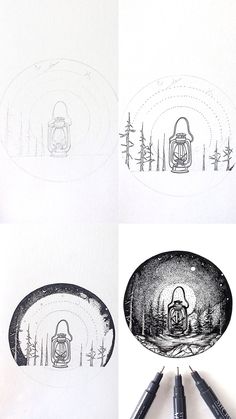 three different drawings of a forest with a lantern in the middle and an image of a backpack on it