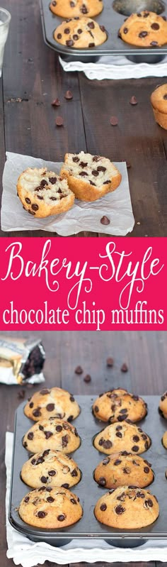 baked chocolate chip muffins on baking sheet with title