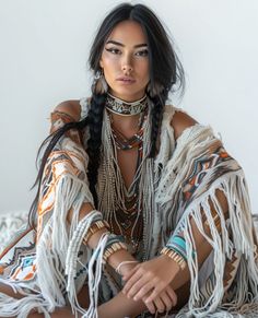 a woman in native clothing sitting on a bed with her hands crossed and looking at the camera