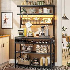 a coffee bar in the corner of a kitchen with lots of items on top of it