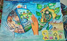 a child's drawing of the earth and its environment with words written below it