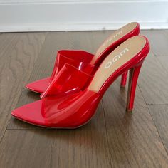 Size 5, True To Size. About 4-4.5 Inch Heel. Some Cosmetic Scuffs On The Physical Heels (In The Back) But Actually Never Worn Outside Once. I Think I Scraped It Against Other Shoes Tbh. Red Closed Toe Heels With Synthetic Material, Red Synthetic Sandals With Pointed Toe, Red Pointed Toe Sandals With Padded Heel, Red Synthetic Pointed Toe Sandals, Red Pointed Toe Synthetic Sandals, Red Synthetic Open Heel Heels, Red Heels With 4-inch Open Heel, Red Open Heel Shoes With 4-inch Heel, Red Synthetic Slip-on Heels