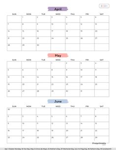 the calendar for may and june is shown in this printable version, with two different colors