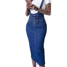 Elastic Midi Denim Pencil Skirt
Material: Jeans, very elastic material.
Please compare the size with your available clothes (not body) before buying, (1cm=0.394 inch) 
Measurement In CM




size
Waist(cm)
Hips (cm)
Skirt Length(cm)
Strap length(cm)


S
60-65
78-85
83
43


M
65-70
83-90
83.5
43


L
68-73
88-95
84
43


XL
73-78
93-100
84.5
43


XXL
78-83
98-103
85
43


XXXL
83-88
100-108
85.5
43


Attention: 1.Size may be 2cm/1 inch inaccuracy due to hand measure;
2.Color may be little different d Jean Pencil Skirt, Pencil Skirt Work, Pencil Skirt Outfits, Ladies Jeans, Plus Size Denim, Midi Denim, High Waisted Pencil Skirt, Denim Pencil Skirt, Denim Skirts