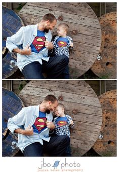 two photos of a man and his son hugging each other with superman t - shirts on