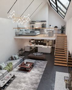 a living room filled with lots of furniture and a staircase leading up to the top floor