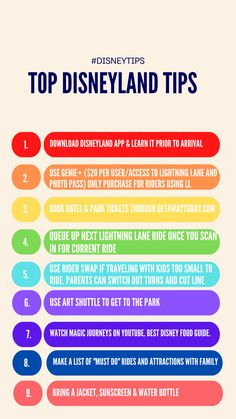 the top disneyland tips list is shown in red, white and blue with text on it