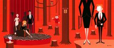 an image of people in the woods with red walls and trees on either side of them