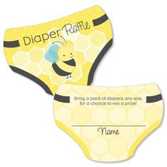 a diaper raffle with a bee on it and a name tag attached to the side