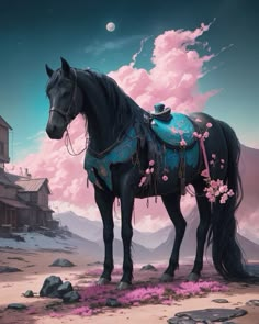 a black horse standing on top of a lush green field next to a pink sky